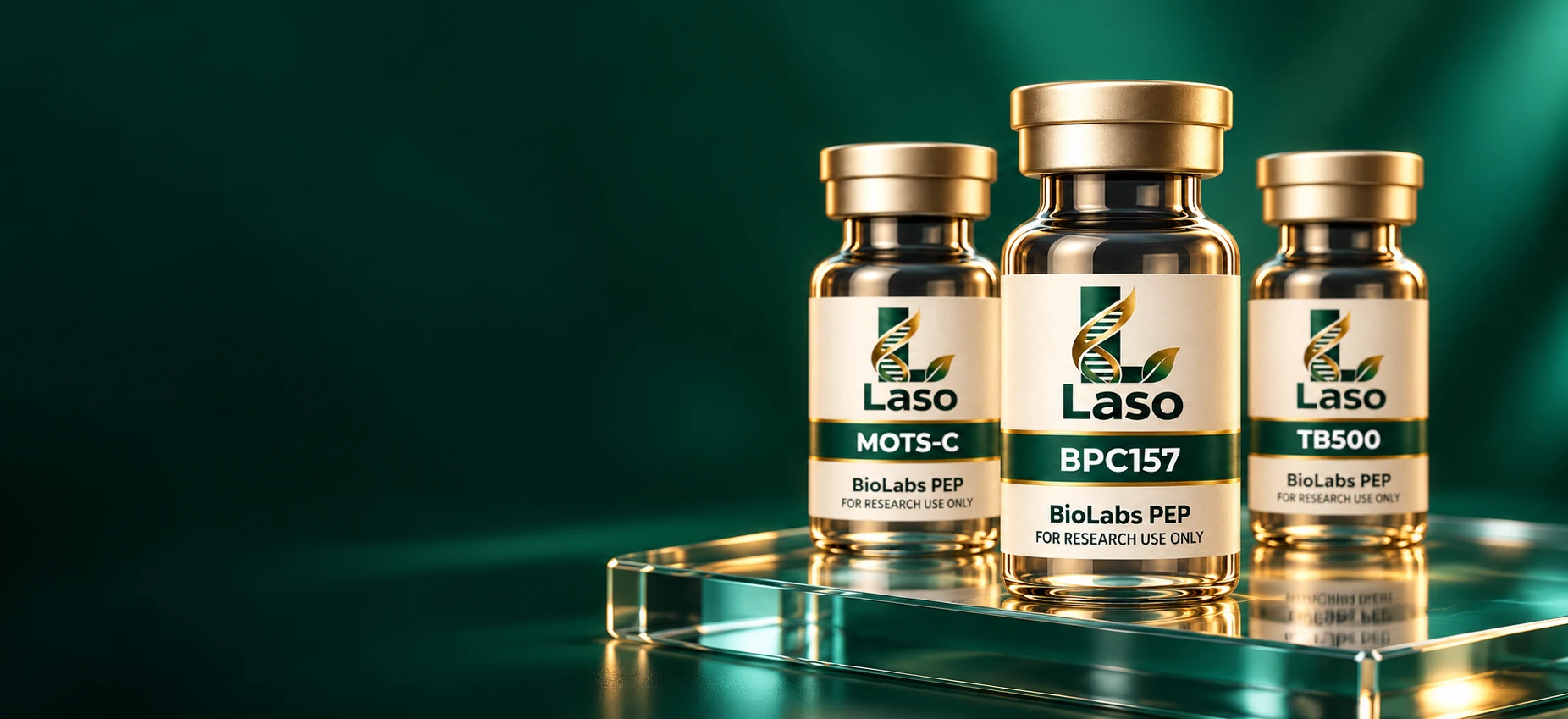 Laso MOTS-C, BPC157 and TB500 brand packaging concepts on a reflective glass display